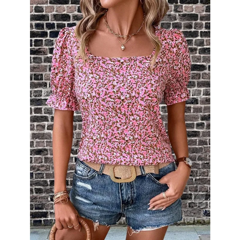 

Plus Size New Autumn Women New Blouse Loose Ruffle Square Neck Short Sleeve Casual Printed Peplum Tee