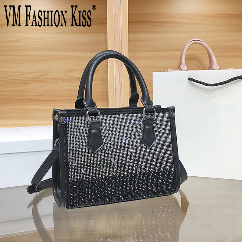 Rhinestone Inlaid Tote Bag Trend Women\'s Handbag Gradient Stripe Crossbody Bag Synthetic Fiber Shoulder Bag Female Portable