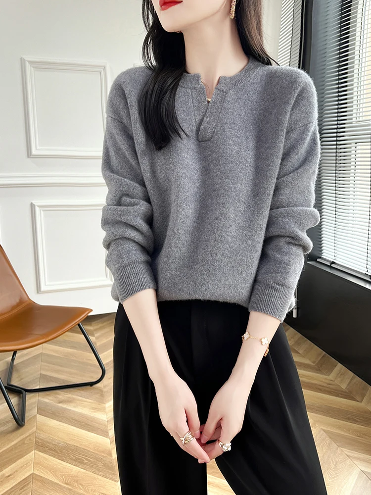 100% Merino Wool Women's V-neck Pullover Sweater  Autumn Winter  Basic Style Long Sleeve Cashmere Knitwear Female Fashion Tops