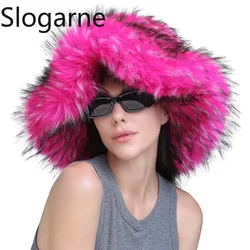 European American Big Brim Warm Fur Hats Women's Winter Y2k Fluffy Faux Raccoon Fur Bucket Hat Ladies Luxury Furry Snow Ski Caps