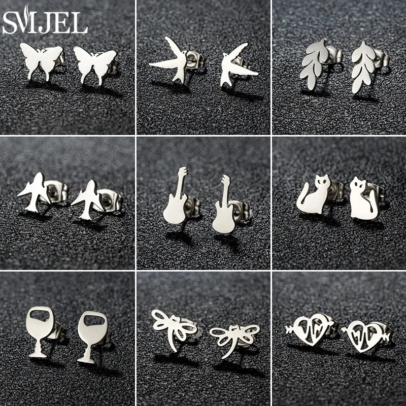 SMJEL 2024 Stainless Steel Earrings Small Butterfly Dove Dragonfly Animal Stud Earrings Women Jewelry Leaf Ear Piercing Gift