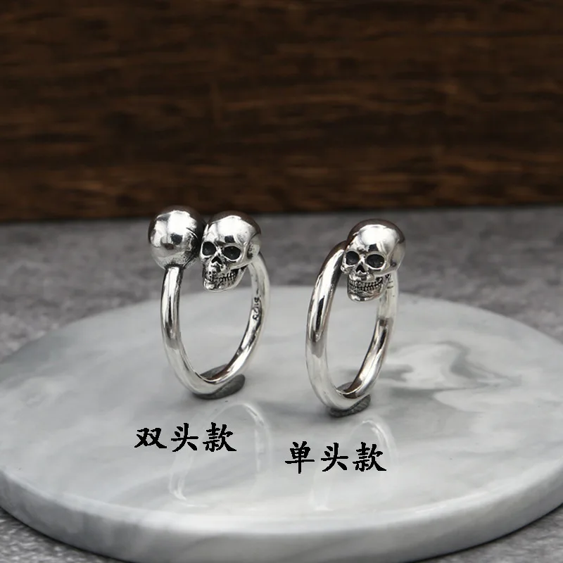

S925 sterling silver personalized double skull open ring men and women Thai silver punk creative nail ring