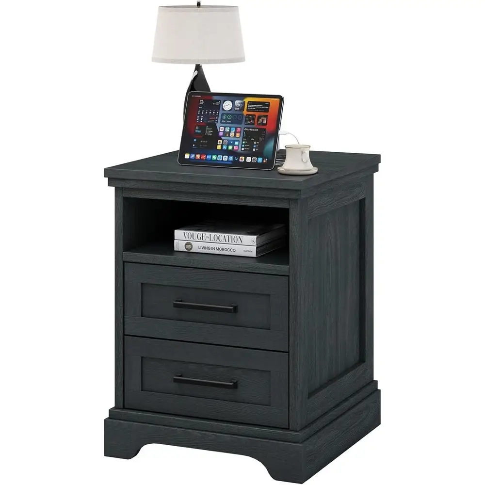 

Charging Station Nightstand, Wooden Bed Side Table with Drawers and Open Shelf, Wooden End Table for Living Room, Black