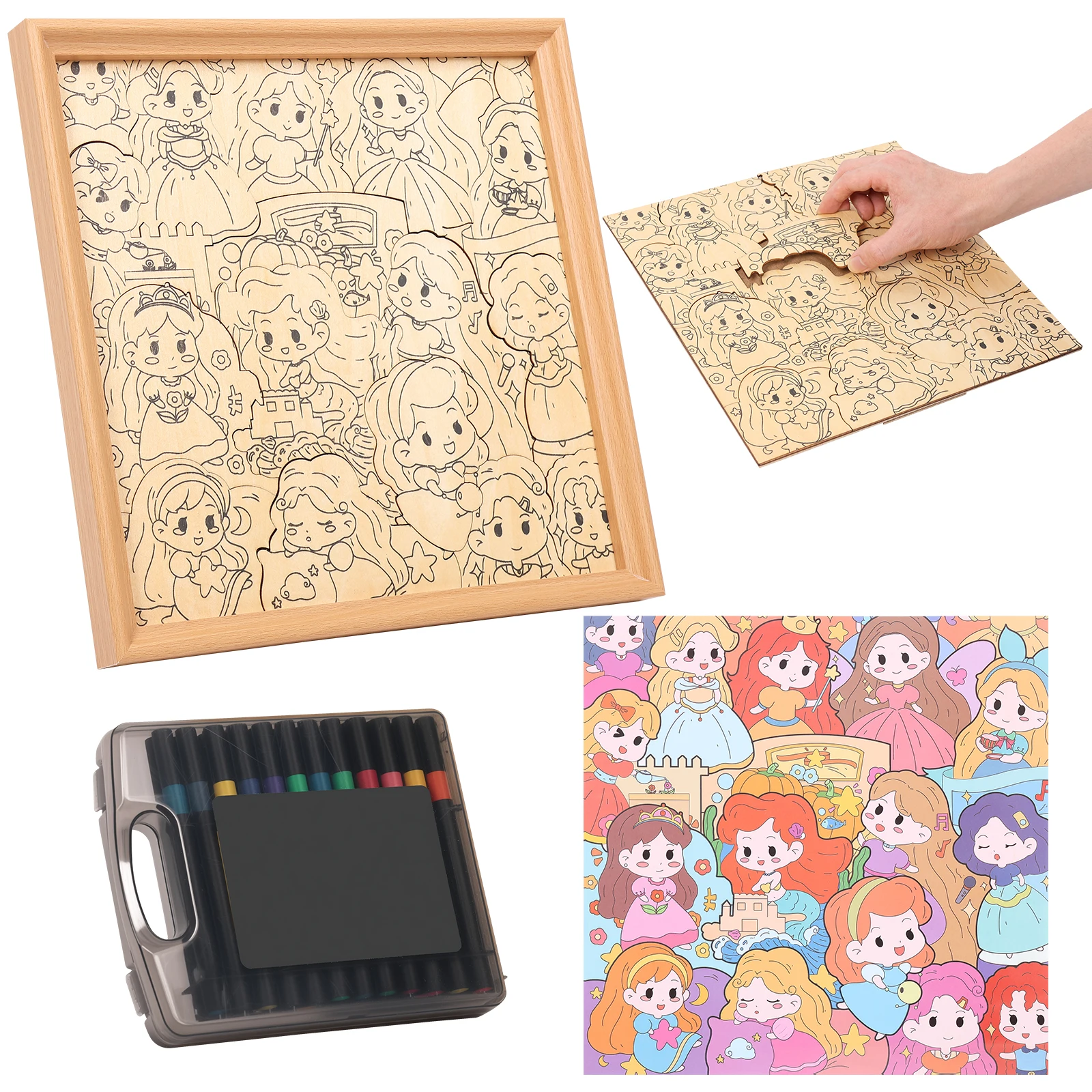Wood Coloring Puzzle DIY Coloring Puzzle with with Color Marker Photo Frame Assembly Drawing Puzzle for Children Doodle Puzzles