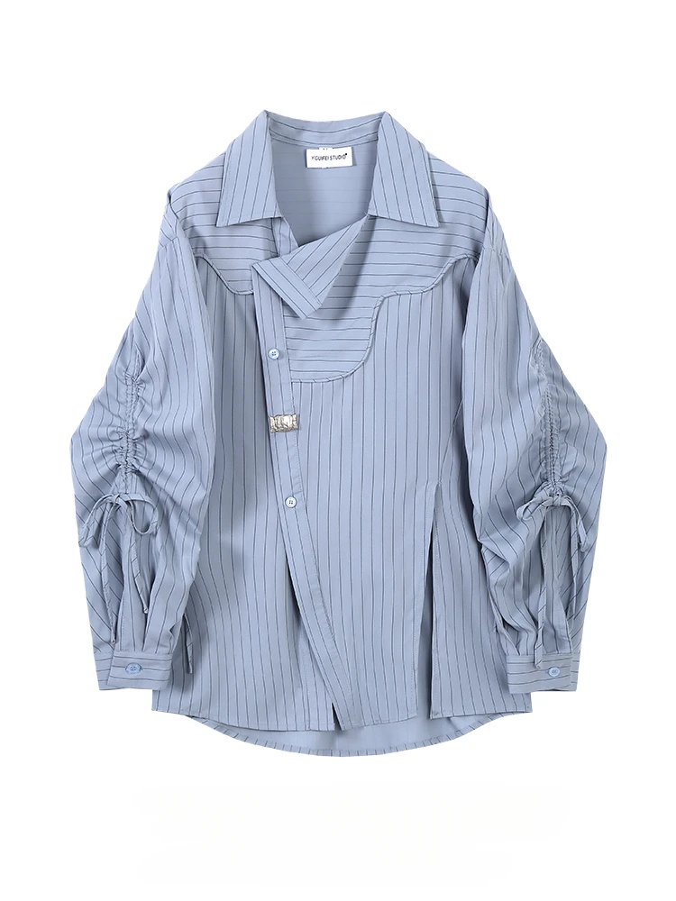 

Women's Hong Kong Style Retro Long-sleeved Blue Striped Shirts Trendy Spring Autumn Large Size Loose Casual Chic Pleated Blouse