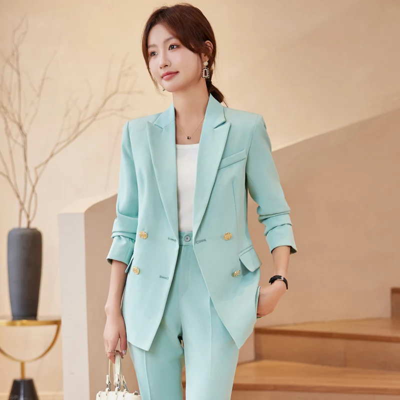 Office Ladies Blazer Pant Suit Green Blue Apricot Black Women Female Business Work Wear Jacket and Trouser Formal 2 Piece Set