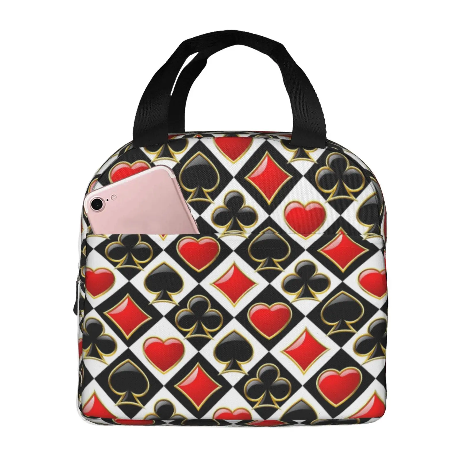 Golden Alice in Wonderland Poker Red Black Print Lunch Bag Portable Thermal Cooler Insulated Bento Box for Kids Food Tote Bags