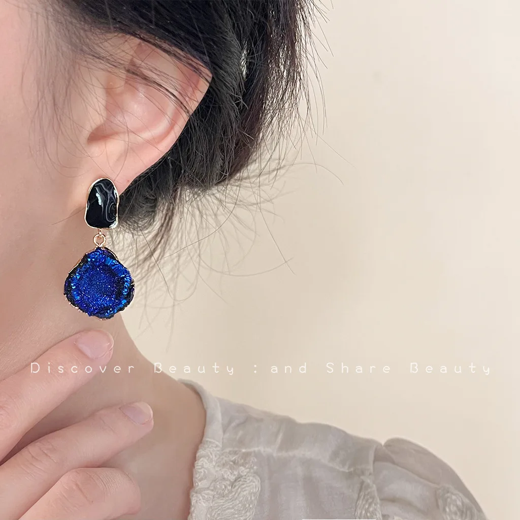 DIY accessories Klein blue texture earrings women's niche light luxury high-end zircon stud earrings personality exaggerated tem