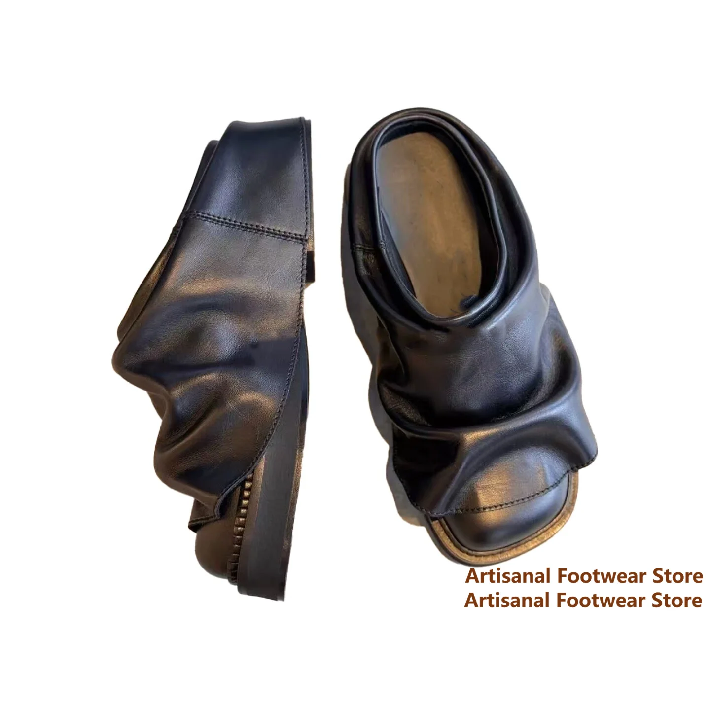 

Ruched Soft Leather Slide Mules Square Toe Thick Platform Slip On Sandals Casual Fashion Shoes Trendy Handmade Men's Shoes