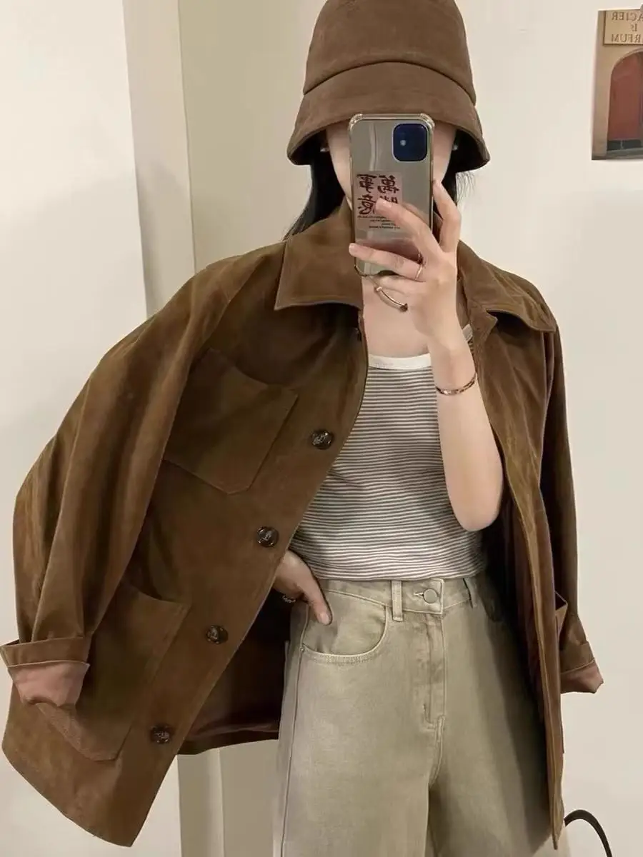 

Women's Suede Velvet Jaet Loose Straight Cut Single Button Vintage Collar Mid-Length Multiple kets Trendy Top Coat