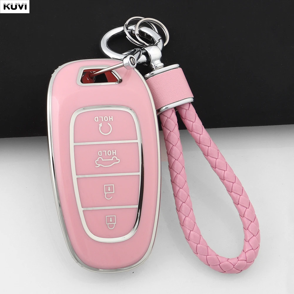 4-Tasten-Schlüsselhülle aus pinkfarbenem TPU für Hyundai Tucson, Solaris, Sonata Hybrid, NEXO NX4, Santa Fe DN8, geschütztes Schlüsselanhänger-Gehäuse