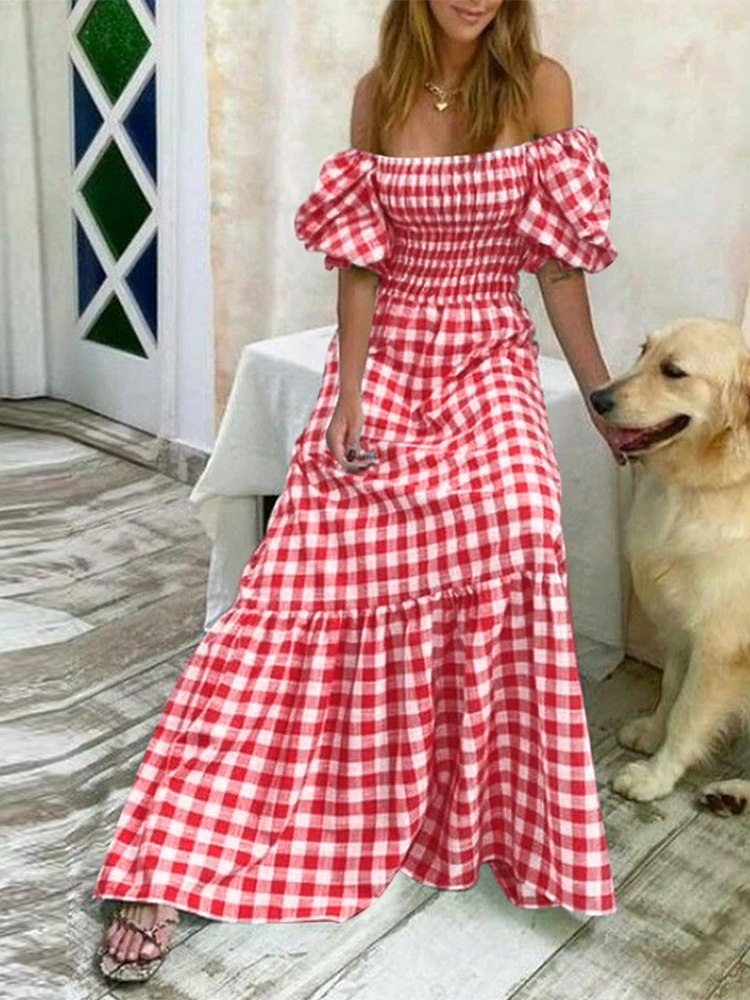 VONDA 2024 Summer Women Maxi Dress Casual Short Sleeve Square Collar Vintage Plaid Party Bohemian Vestidos Loose Long Sundress