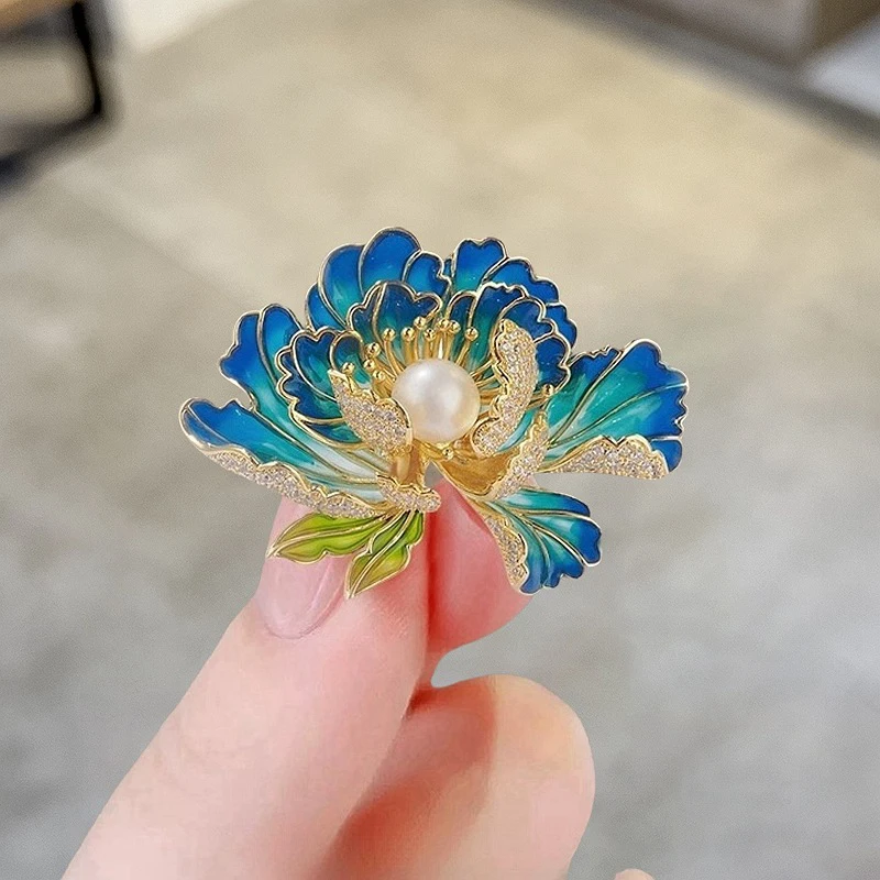 Elegant Peony Studded Rhinestone Brooches For Women Girls Delicate Pink Blue Flower Pearl Brooch Pins Party Jewelry Gifts image 4