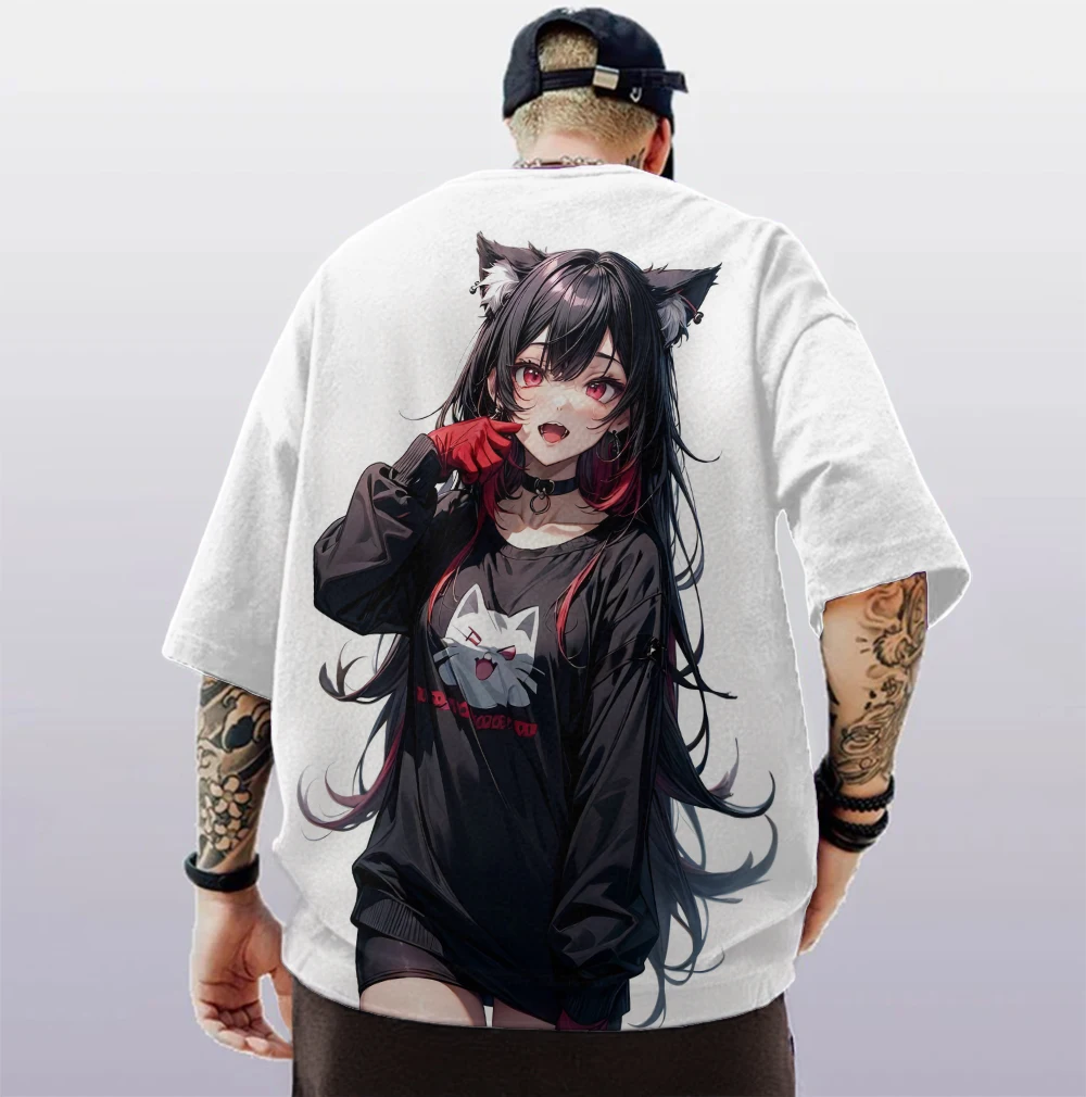 3d Cat Girl Print Men's T-Shirt Street Fun Man Clothes Loose Oversized Short Sleeve Tees For Men Summer Quick Dry Pullover 2024