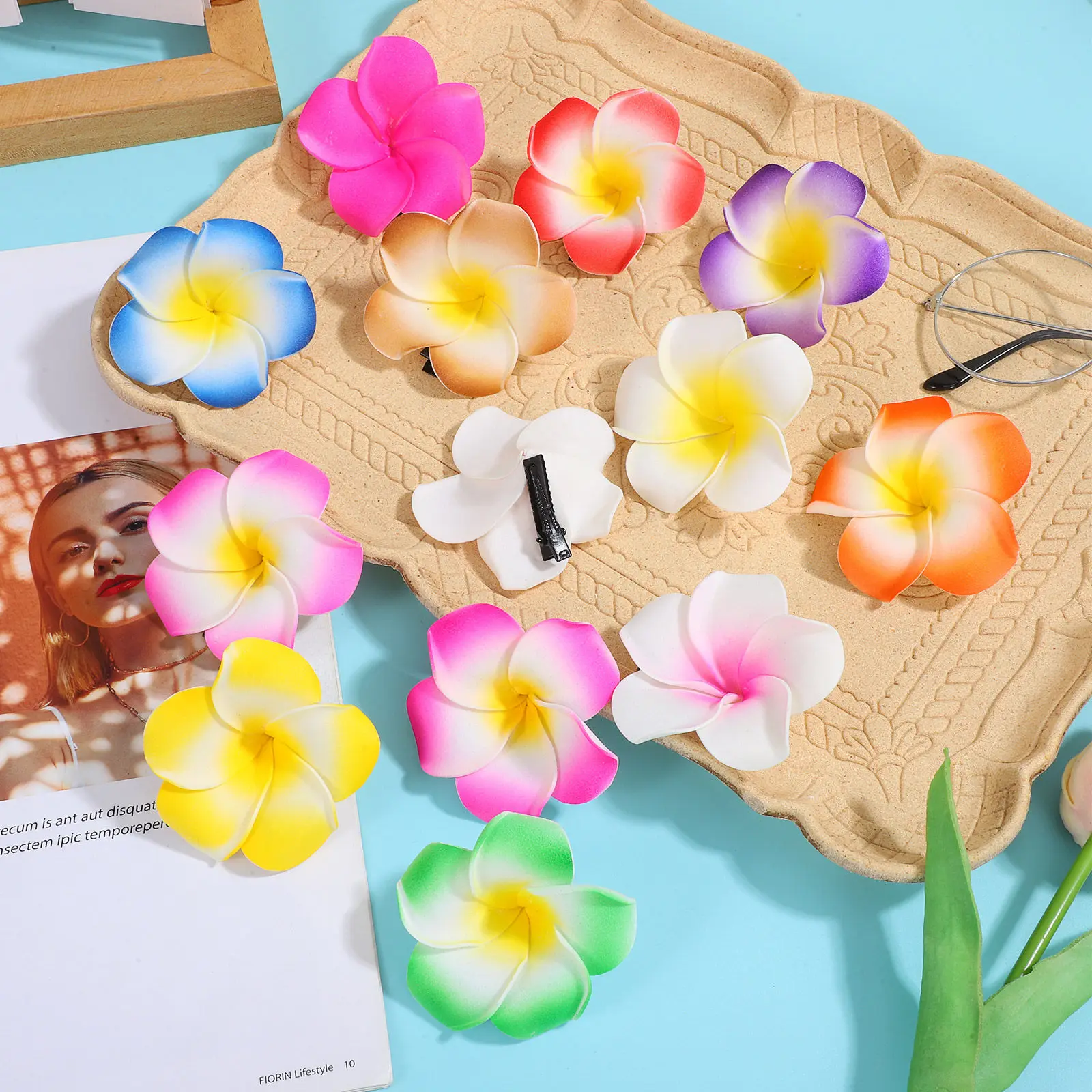 

24Pcs Hawaiian Plumeria Flower Hair Clips 2.4 Inch 12 Colors Mixed Beach Party Wedding Decorations Flower Hair Accessories