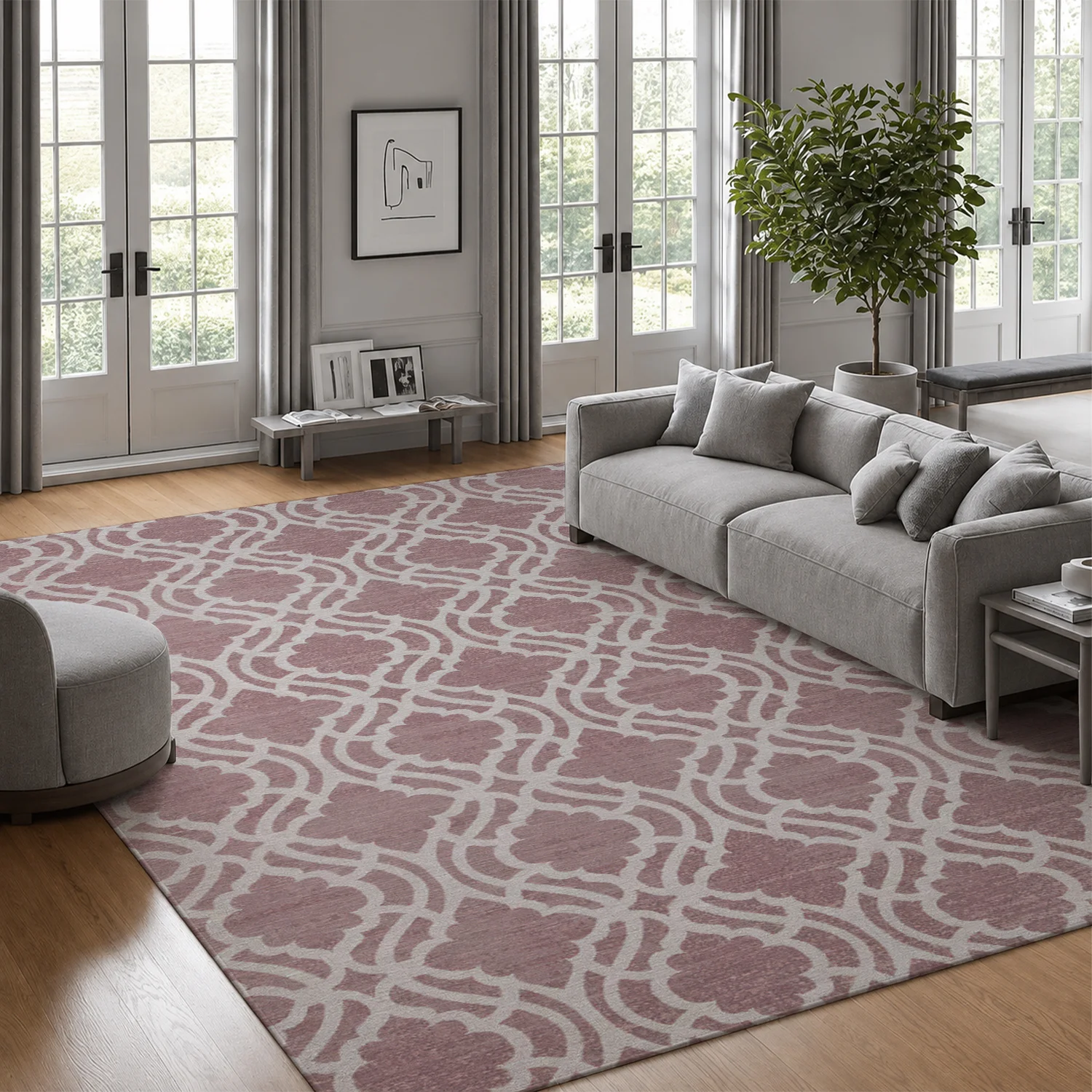 Large Indoor Area Rug, Soft Velvet Low Pile Non-slip Dotted Backing, Machine Washable, Mauve & White Trellis Pattern Floor Rug for Living Room, Bedroom, Entryway, Cozy Washable Accent Carpet for Home Decor
