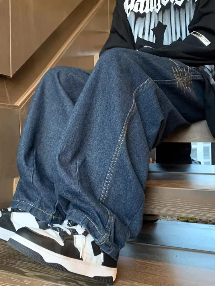 

Мужские широкие рабочие брюки в американском винтажном стиле из темного денима, с высокой талией, на молнии, молодежные, модные, в стиле Харлан, карго