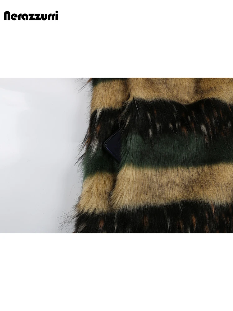 Nerazzurri Winter Long Thick Warm Colorful Striped Soft Hairy Fluffy Faux Fox Fur Coat Women Sashes Luxury Furry Overcoat 2024