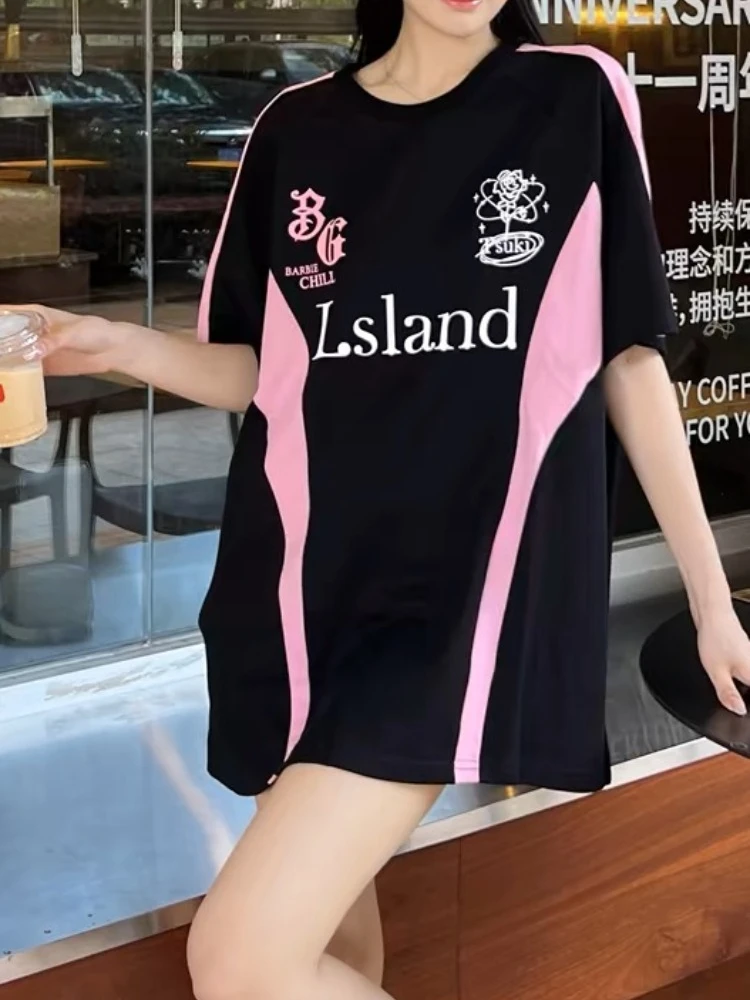 

ADAgirl Vintage Contrast Oversized T Shirt for Women Letter Print Sport Short Sleeve Y2k Tops Retro Harajuku Kpop Summer Clothes