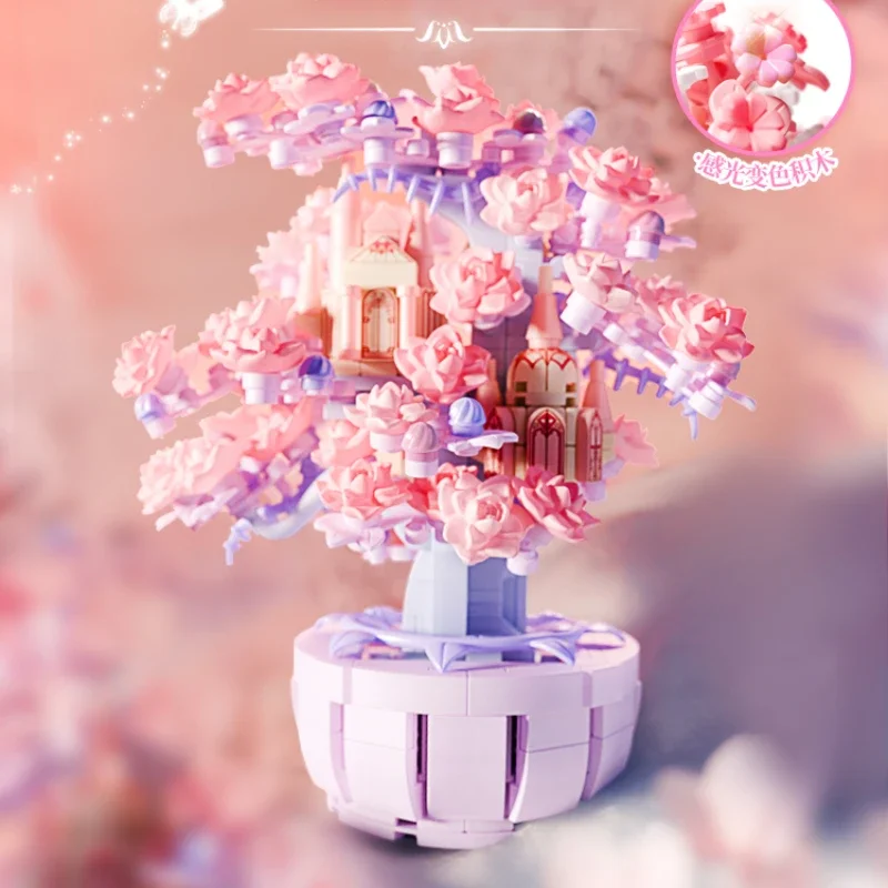 Sakura Tree House Building Blocks Flower Small Particles Light-sensitive Color-changing Model Ornaments Assembly Toy Gift