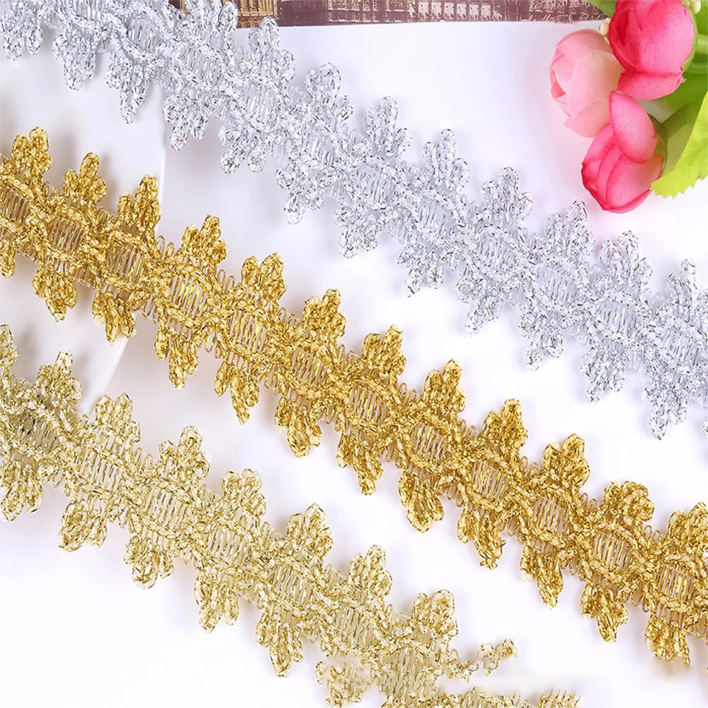 3.5cm Width Golden Lace Trim With Metallic Thread And Ethnic Double Row Wavy Border For Clothing Accessory And Sewing Supplies