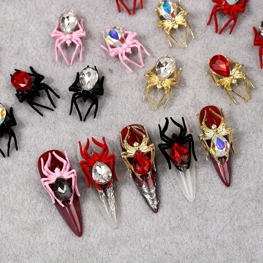 12 Grids Spider Nail Charms Multi Color 3D Spider Nail Ornaments with Inlaid Stones Halloween Style Nail Art Decor for DIY Manicure Salon Supplies