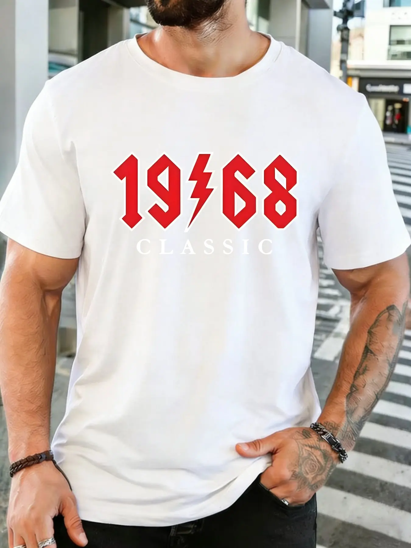 Mens Crew Neck Tshirt Retro 1968 Lightning Bolt Classic Print Short Sleeve Tee For 1968 Birth Rock Lover Daily Casual Outfit