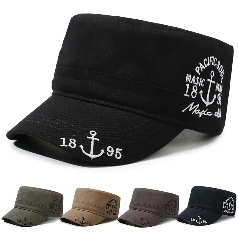 Boné Militar Masculino com Bordado de Âncora, Aba Reta, Ajustável, Casual, para Uso Externo, para Homens de Meia-Idade