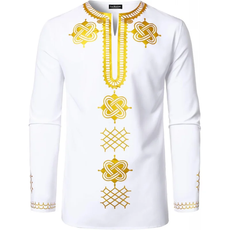 

Men's Metallic Foil Print African Attire Dashiki Slim Fit Long Sleeve Lightweight Shirt