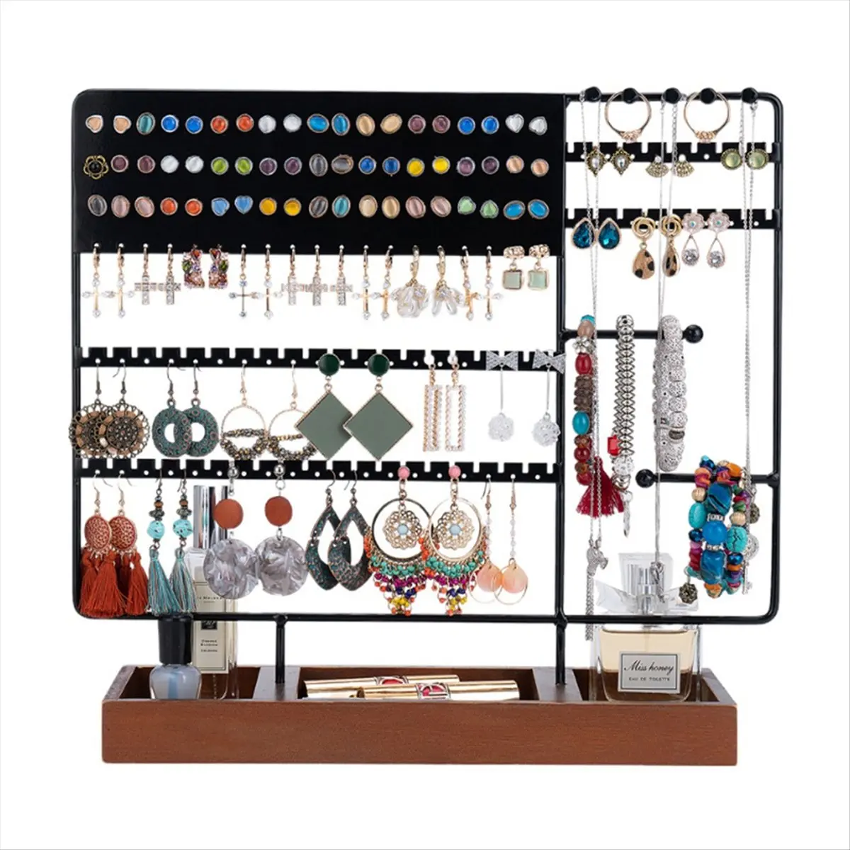 【coupon-】{0}multifunction-jewelry-rack-solid-wood-base-ring-storage-box-earring-jewelry-rack-necklaces-rings-jewelry-box-black