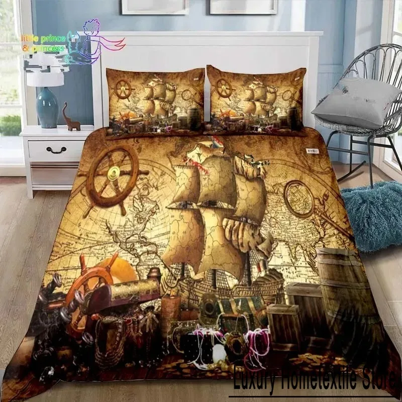 Vintage Pirates Bedding Set Single Twin Full Queen King Size Bed Set Adult Boys Bedroom Pirates Treasure Map Bedding Gift