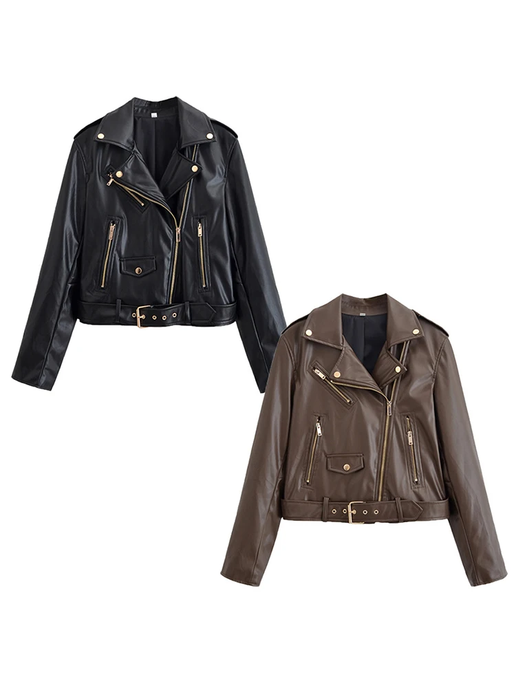 

Women's Leather Jacket 2025 Autumn New Fashion Zipper Decoration Women Long Sleeve Jackets Women High Street Elegant Short Coats