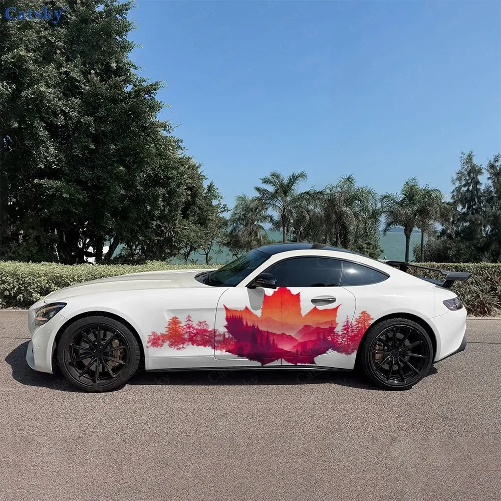 2pcs Watercolor Maple Leaf Forest, Durable, Fade-resistant, Enhance Vehicle Aesthetics With Bold Artistic Design Car Vinyl Wraps