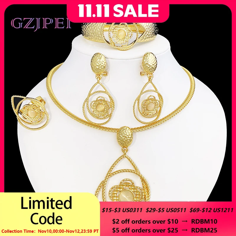 Dubai Gold Color Jewelry Set For Women White Stone Luxury Design 24k Gold Plated  Necklace Earring Ring Bracelet 4Pcs