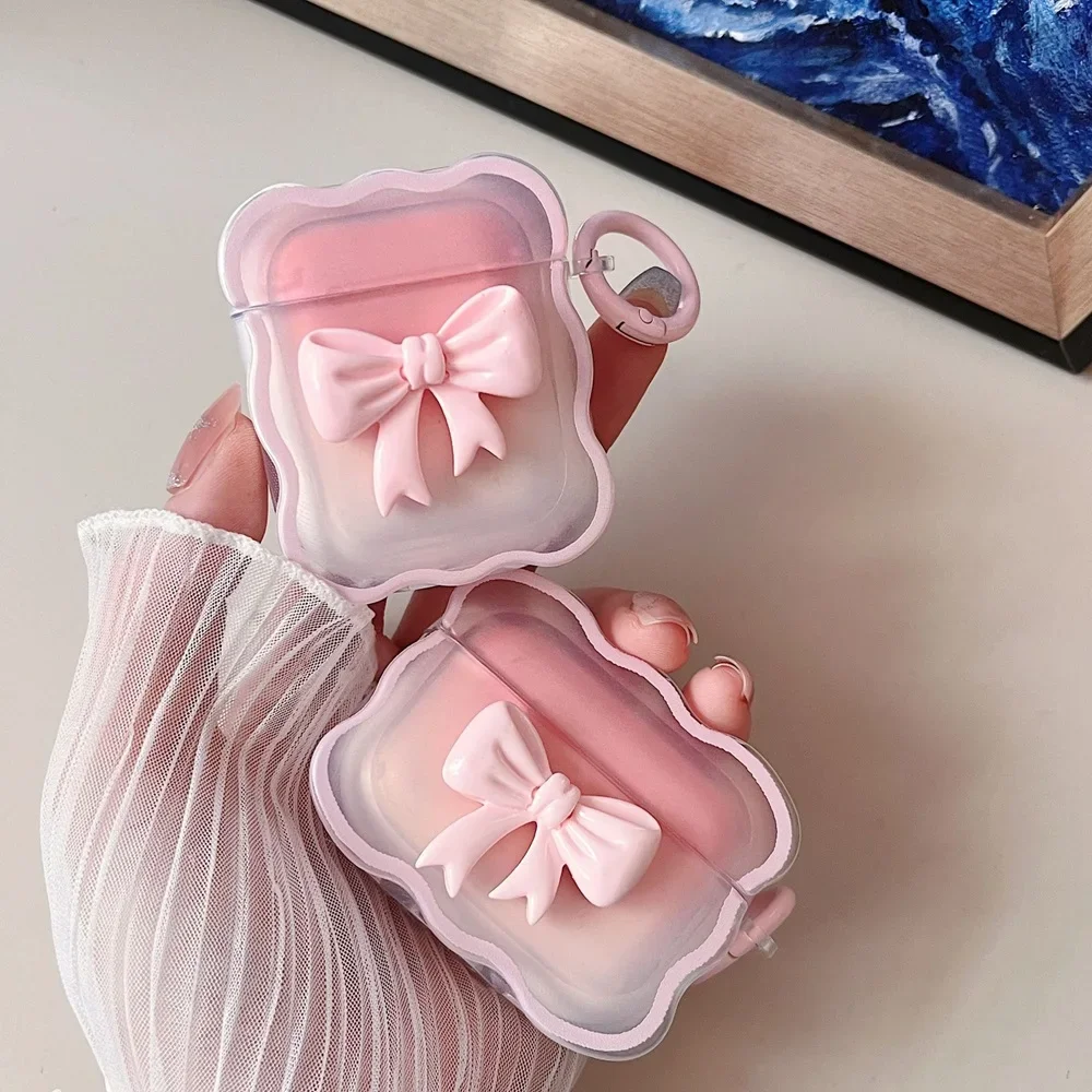 

3D Bow Wave Earphone Case for Apple AirPods 1 2 Case Pink Floral Girls Cover for AirPods Pro Wireless Box With Keychain