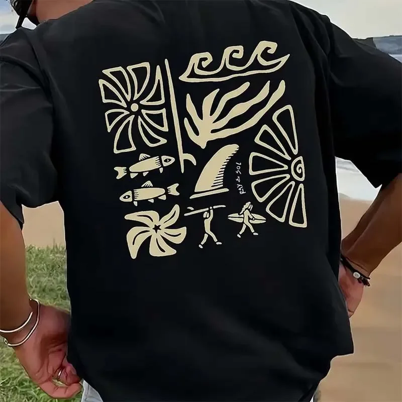 Funny Surf Pattern Print T-shirts for Men Summer Casual Fashion High Street Y2K Tops Vintage Crew Neck Short Sleeve Cotton Tees