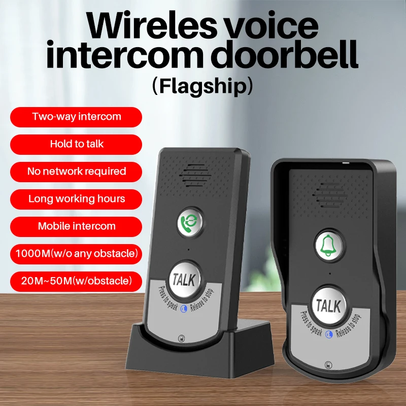 Wireless Intercom Doorbell 1KM Long Range Hand Free 2-Way Audio Door Bell Remote Unlocking Waterproof Door Phone with Chime