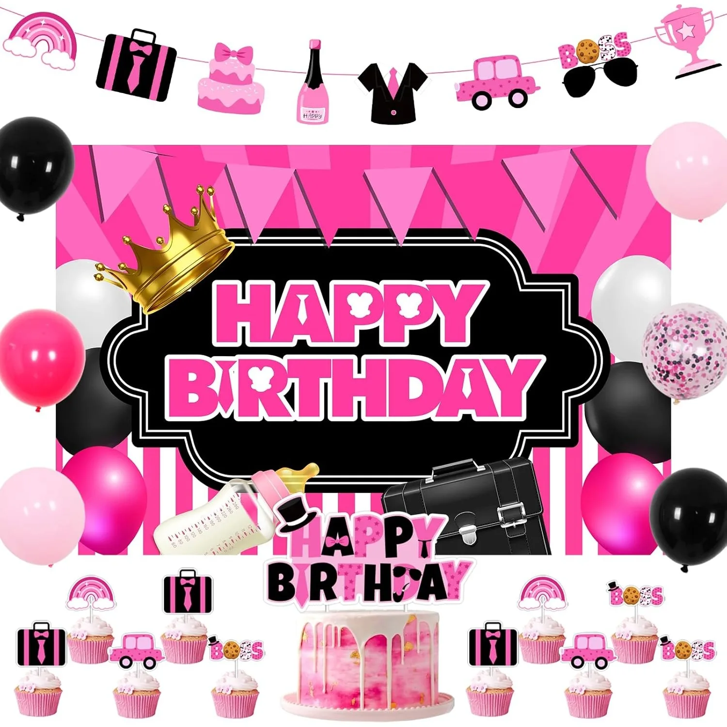 Chefe dia decoração de aniversário do bebê para rosa quente chefe pano de fundo de aniversário bebê é chefe bolo toppers chefe tema fontes de festa de aniversário