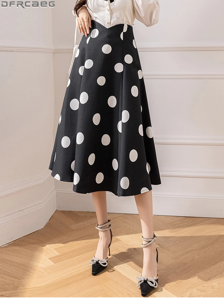 Fashion Streetwear Summer Maxi Skirt Women High Waist Wave Point Dots Jupe Longue Femme Elegant A-Line Big Swing Ladies Skirts