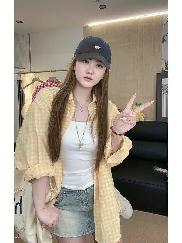 

Spring 2026 Red Plaid Loose Women's Shirt Jacket Casual Style Long Sleeve Sun Protection Top Button up mid Length Coat