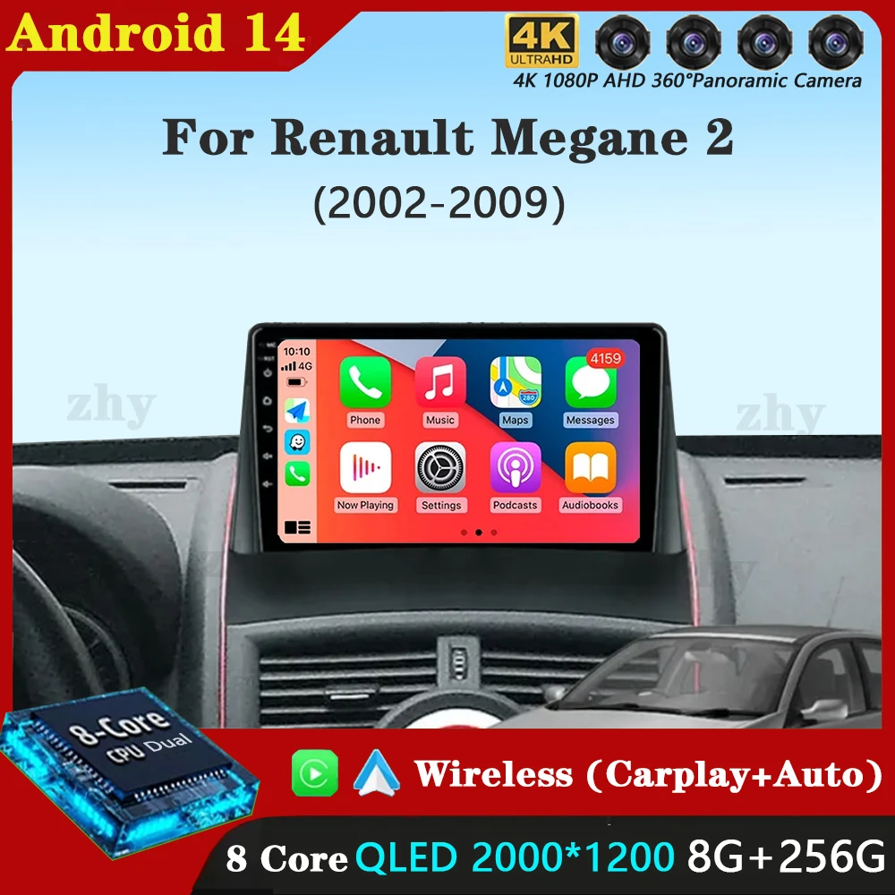 

Автомагнитола Carplay 2DIN на Android 14 с поддержкой Wi-Fi и 4G для Renault Megane 2 2002-2009, мультимедийный видеоплеер с GPS и BT