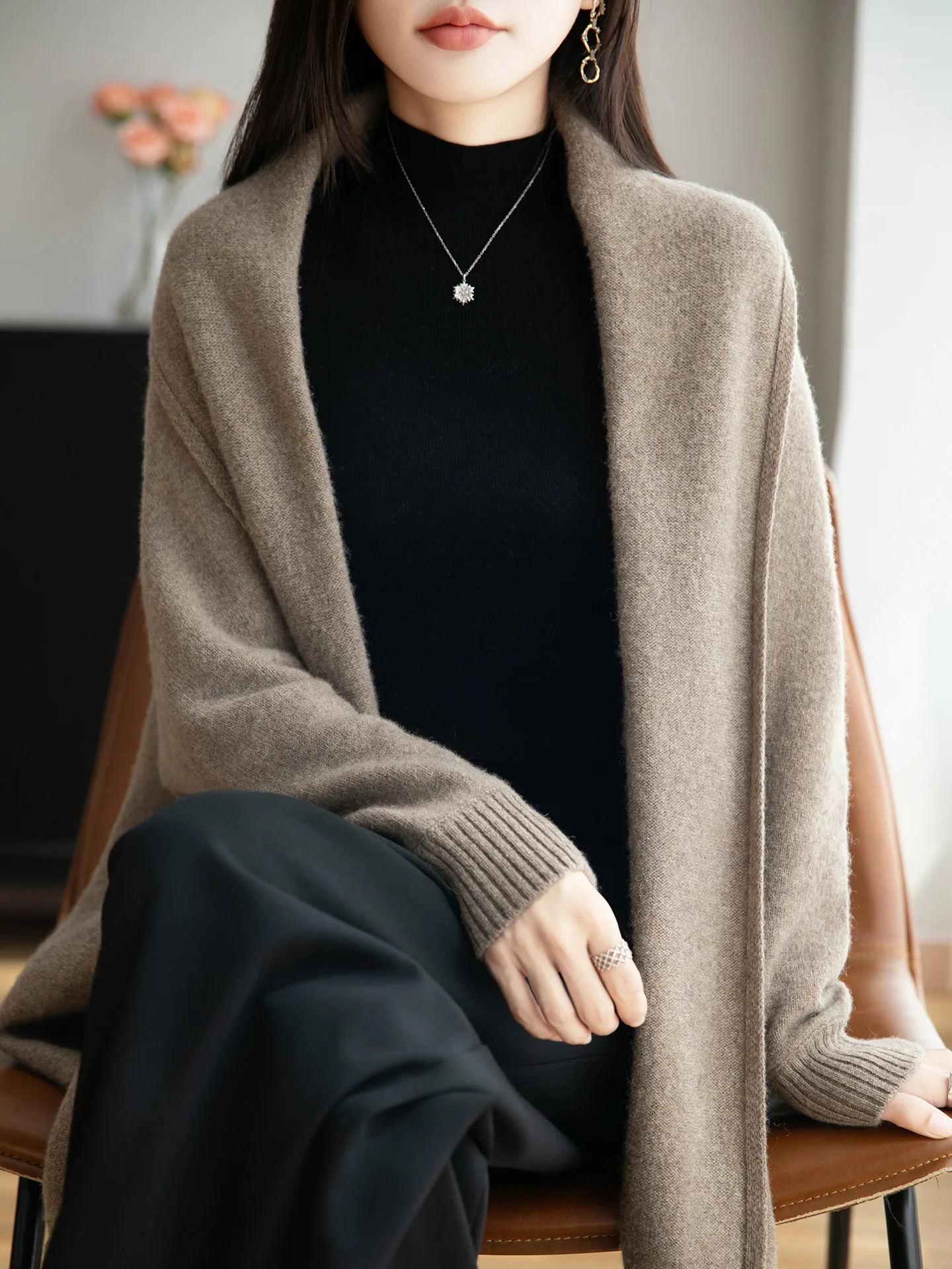 أنيقة السيدات 100% ميرينو شال صوف للسيدات متماسكة سترة الكشمير كيب بلون معطف الشتاء الخريف ملابس خارجية غير رسمية