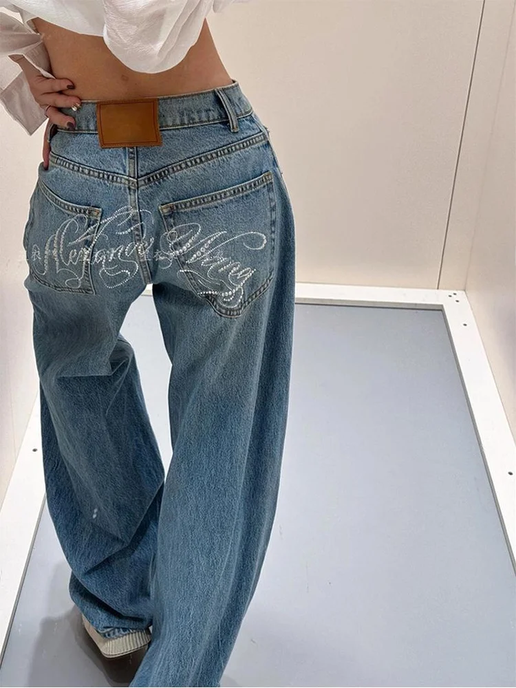 

Retro American Waed Heavy Embroidery Rhinestone Denim Jeans Men Women Straight Leg Floor-Length Wide Leg Pants