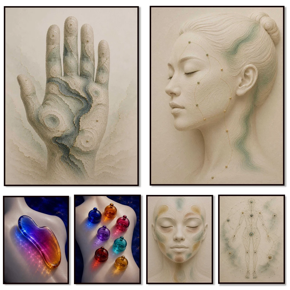Traditional Chinese Medicine Art, Cupping, Acupuncture, Gua Sha, Reflexology, Moxibustion, Meridian Massage Posters