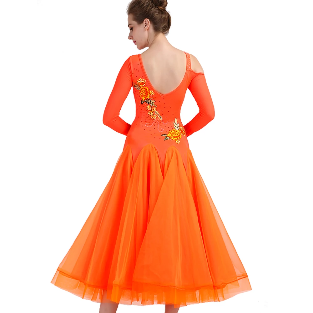 Party Ballroom Dress Decal Flamenco Dress Strap Waltz New Dress Competition Orange Long Sleeve Without Back