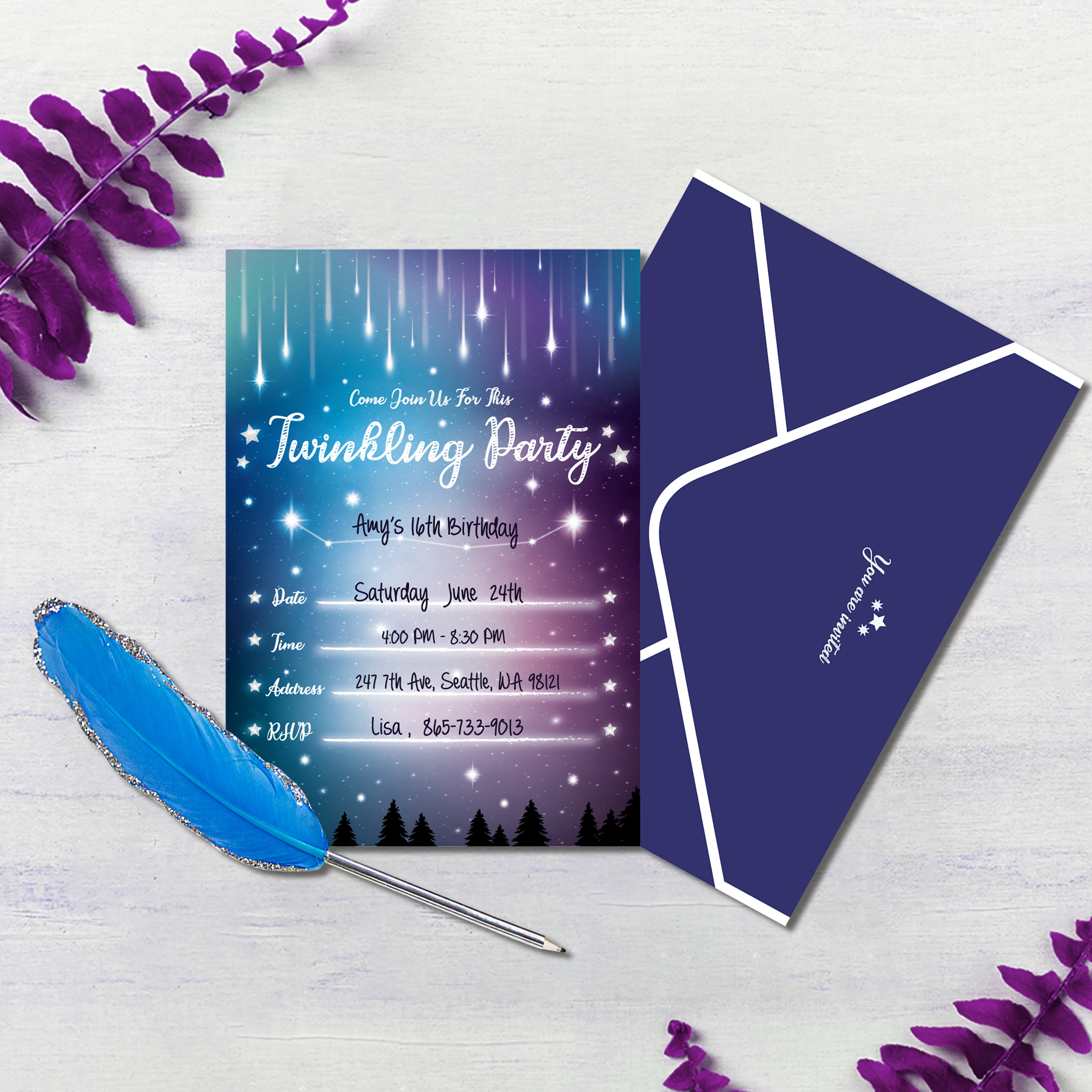 

12 Sets Romantic Aurora Shooting Twinkle Little Star Birthday Party Invitation Card With Starry Night Envelopes Galaxy Stickers