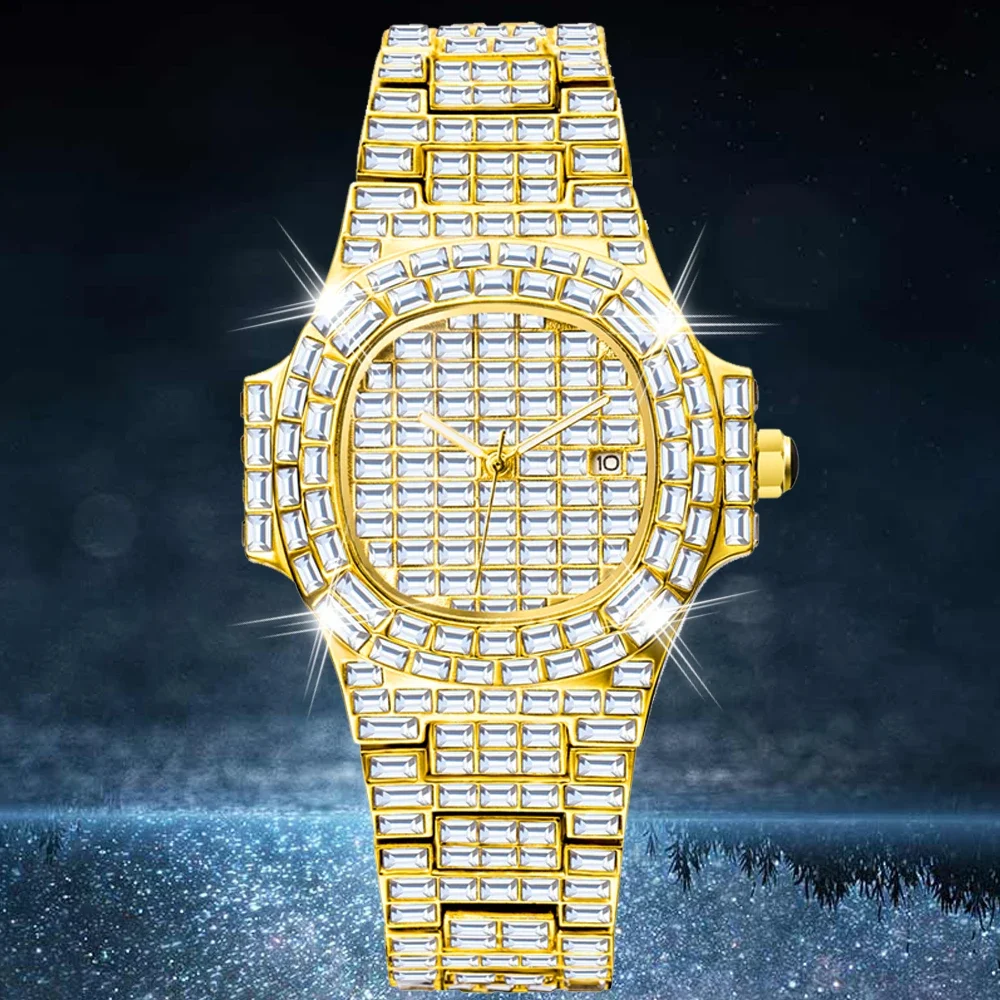 

Мужские часы 40 мм в стиле хип-хоп Iced Out Diamond, мужские часы в стиле хип-хоп, модные кварцевые наручные часы, водонепроницаемые золотые Relogio Masculino, подарок