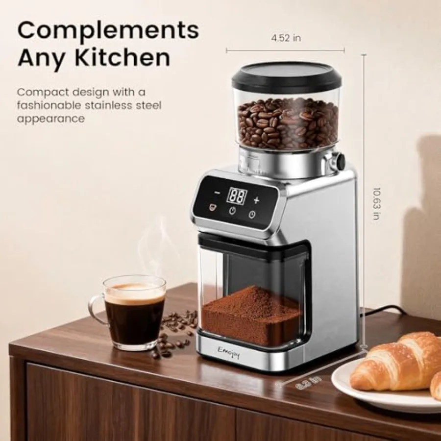 Electric Burr Coffee Grinder for home barista use, stainless steel burrs, matte black finish, 30 precise grind settings with to