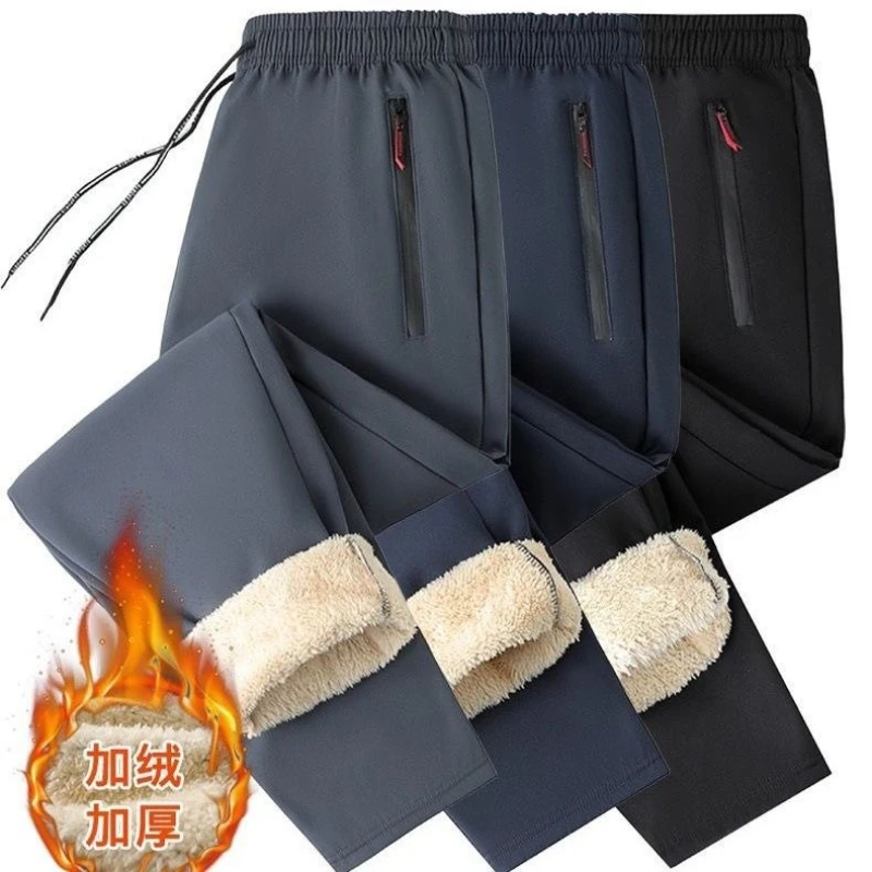 

Мужские плюшевые меховые спортивные штаны из овечьей шерсти с высокой талией, ветрозащитные, морозостойкие, теплые хлопковые брюки, повседневные свободные утолщенные спортивные штаны на шнурке