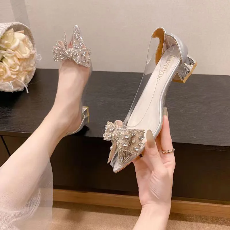 Afrykańskie buty damskie wysokie obcasy szpiczasty nosek odkryte grube sandały 2024 płytkie usta przezroczyste szpilki bordowe kolce Bow Out